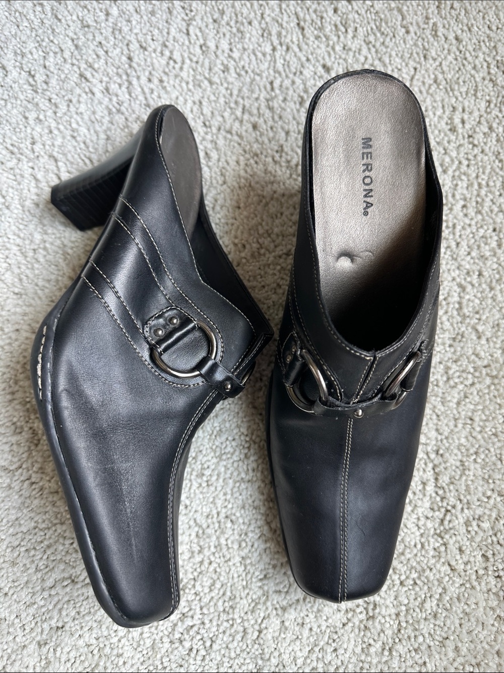 Vintage Merona Black Leather Square Toe Heeled Mules Clogs Size 9B Y2K 90s